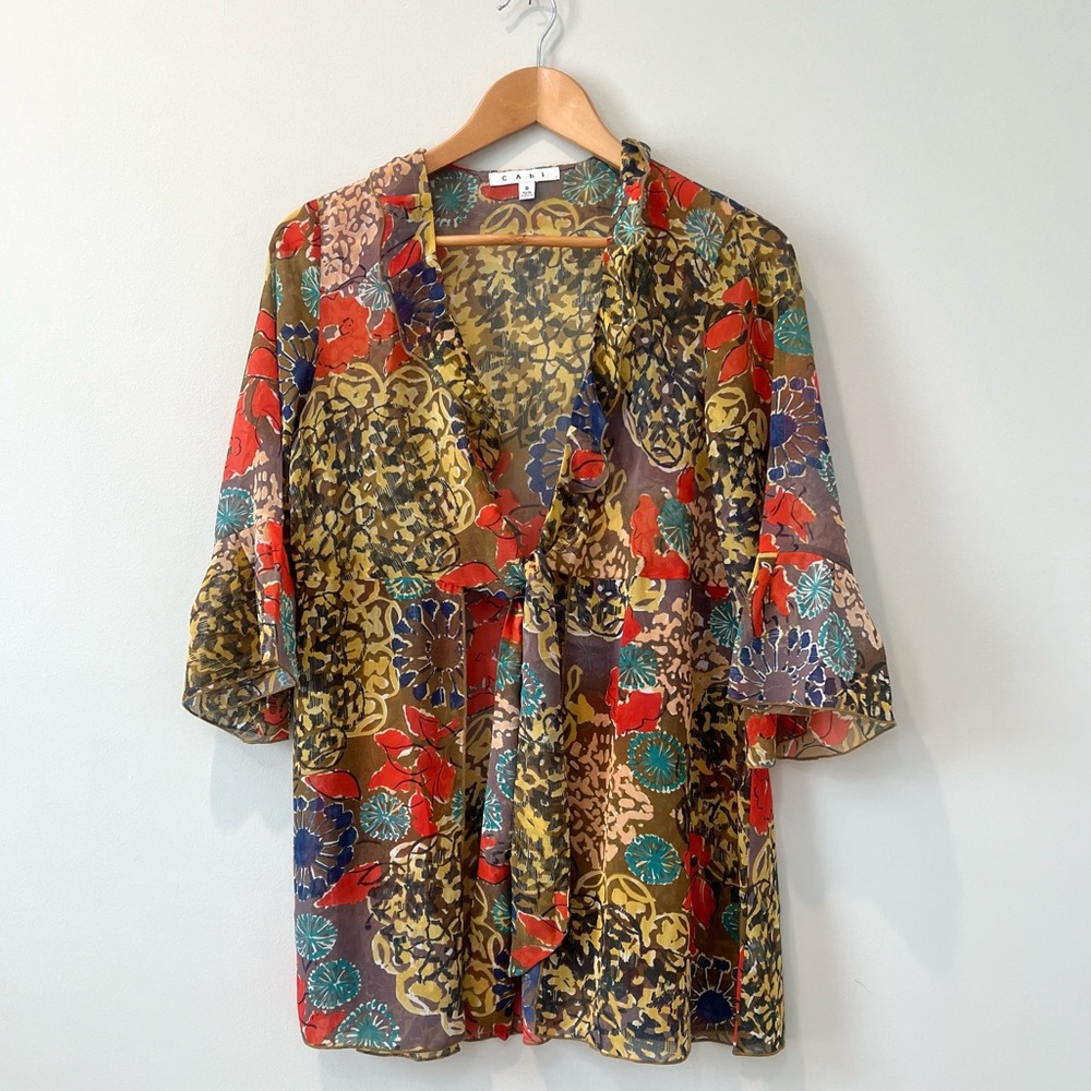 Cabi Shakespeare Floral Tie Front Semi Sheer Kimono Blouse Size S Style 360